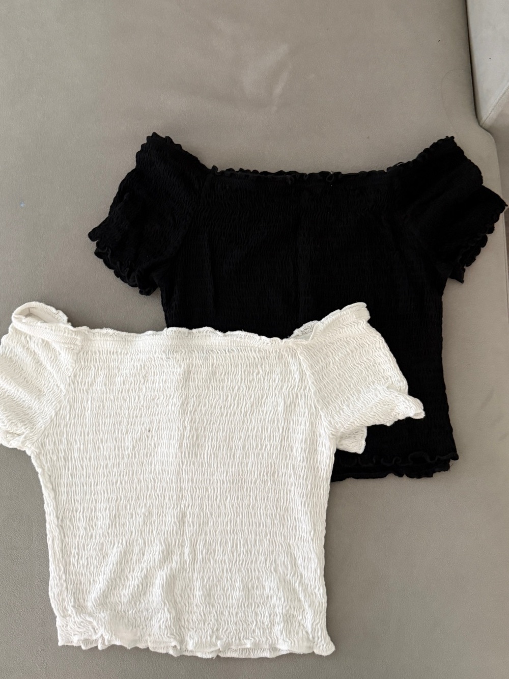 Set of 2 black and white shirred off the shoulder top